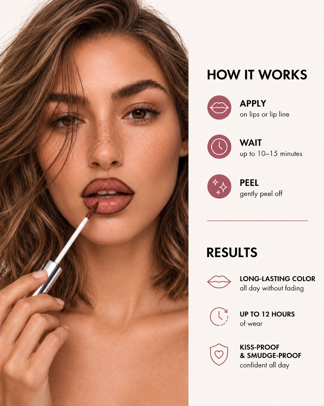 Luscious lips made easy: apply, wait up to 10-15 minutes, peel gently, with before and after 15 minutes results