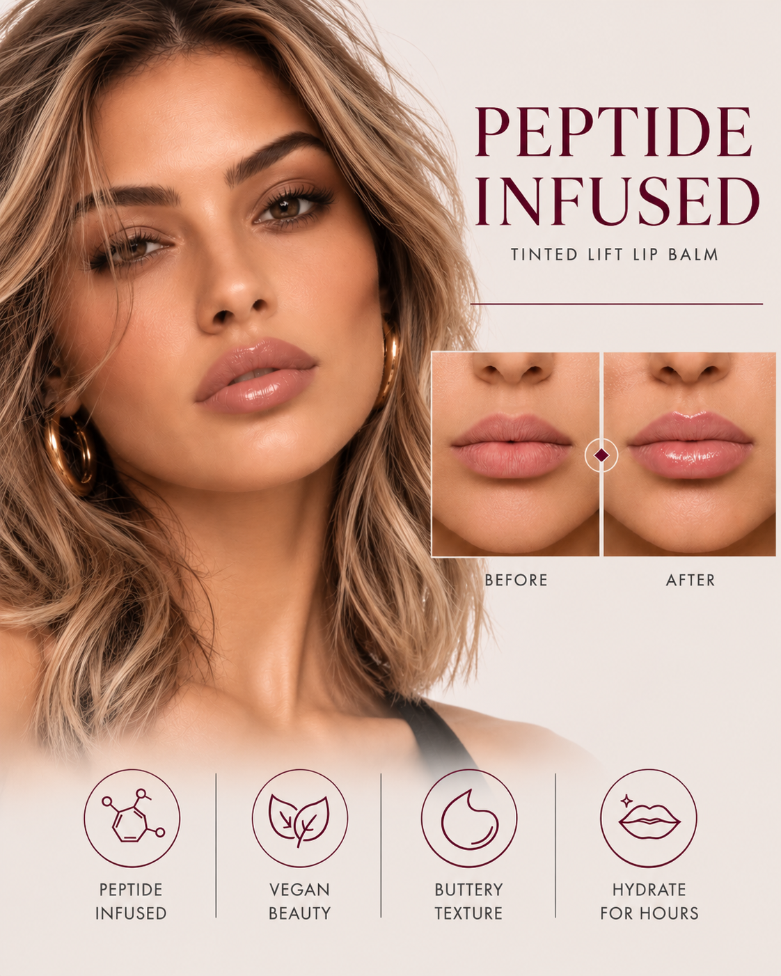 Peptide-infused Tinted Lip Lift Balm benefits and before-and-after result