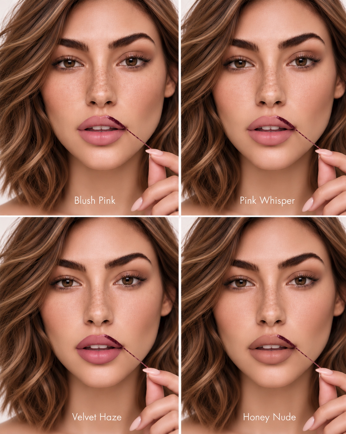 Model applying Peel-Off Lip Stain with a wand: Blush Pink, Pink Whisper, Velvet Haze and Honey Nude