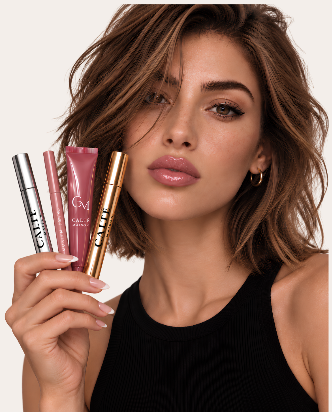 Calté Maison model holding four lip products